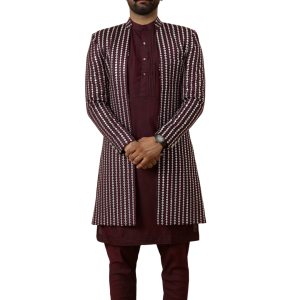 Stunning Red Chikankari Open Sherwani paired with Off-White Kurta Pajama for Men - Father Son Combo | Jaipurio
